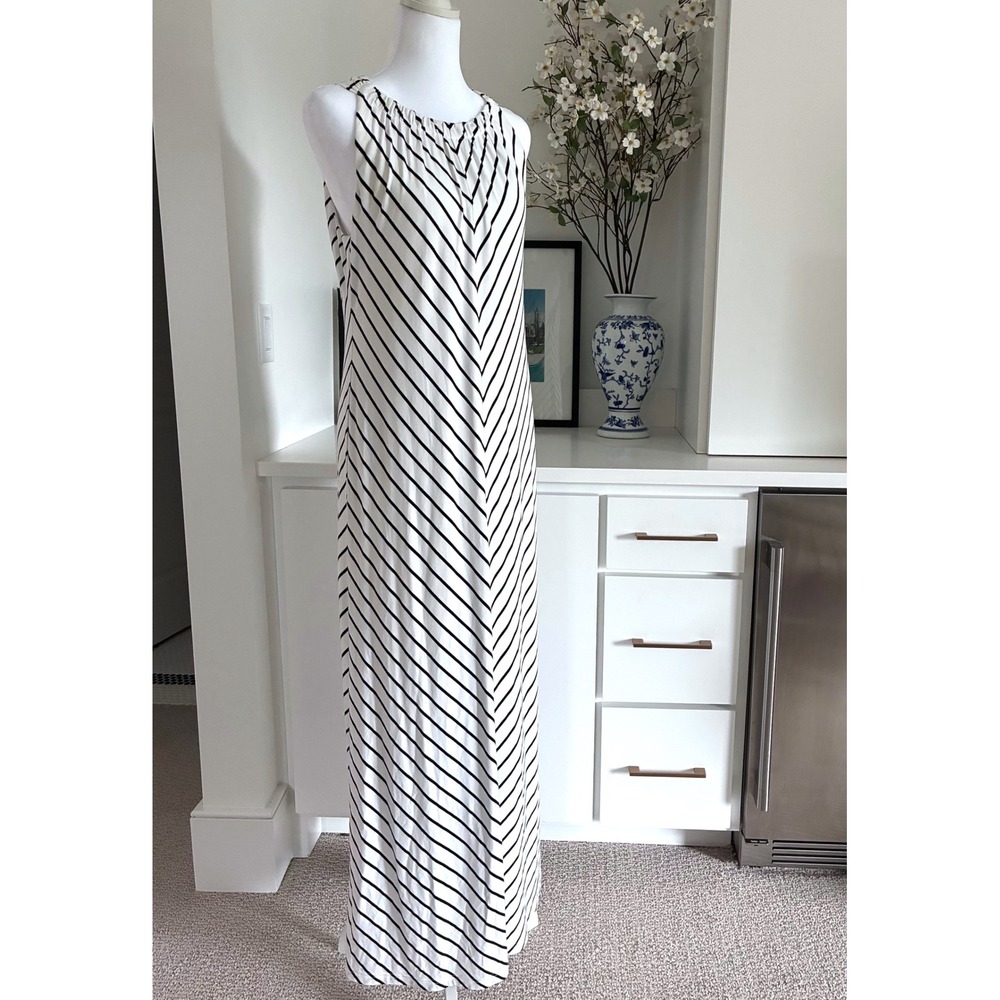 Chico's Maxi Dress Womens 1 White Black Striped Chevron Sleeveless Excellent